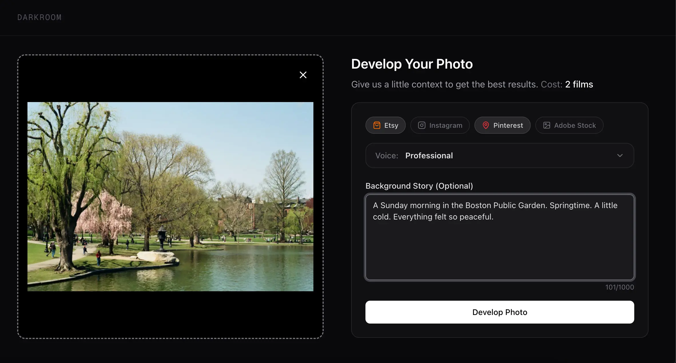 Wide Open Darkroom — upload a photo, select platform and voice, add a background story