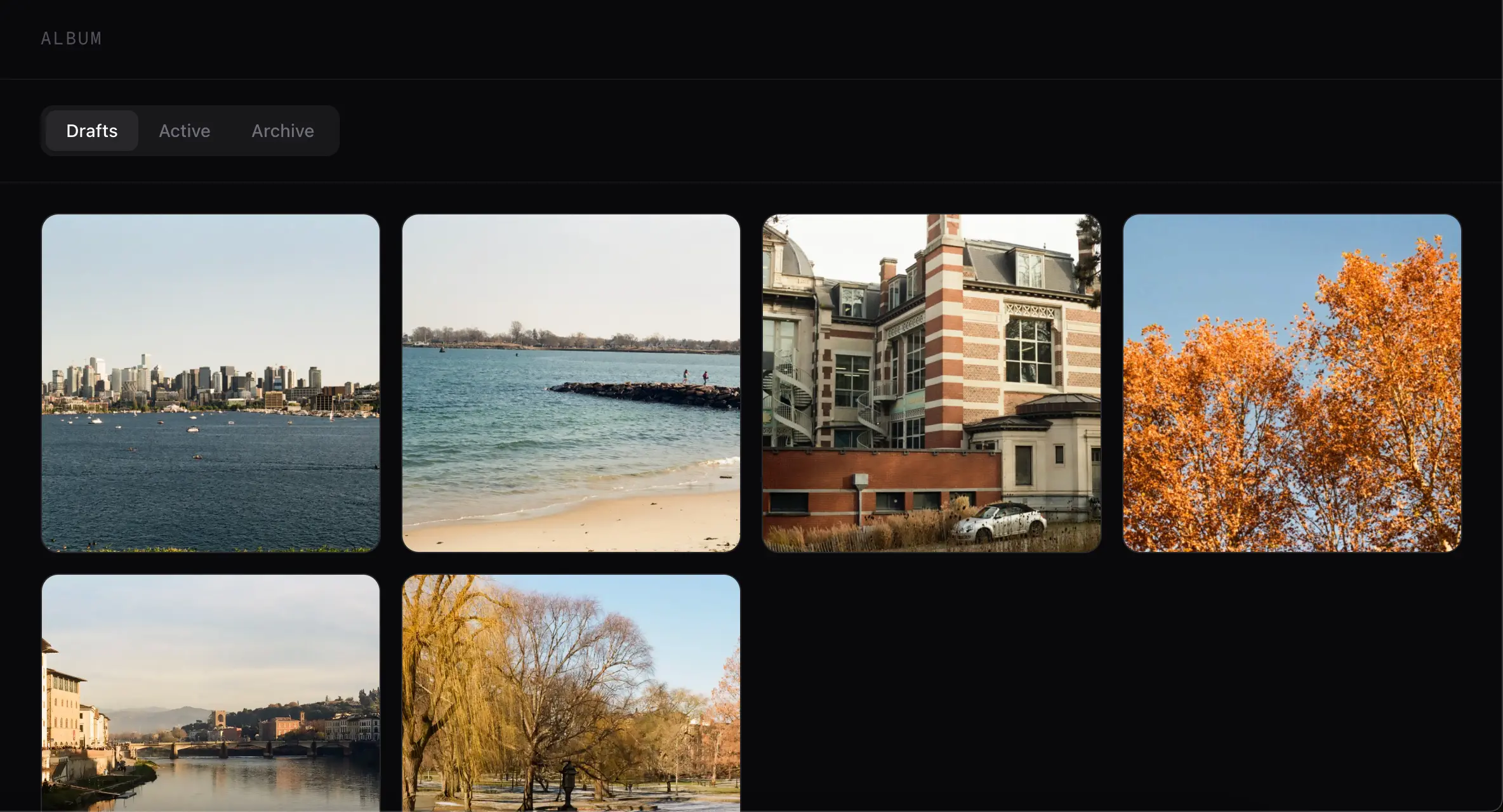 Wide Open Album — photo gallery organized by Drafts, Active, and Archive